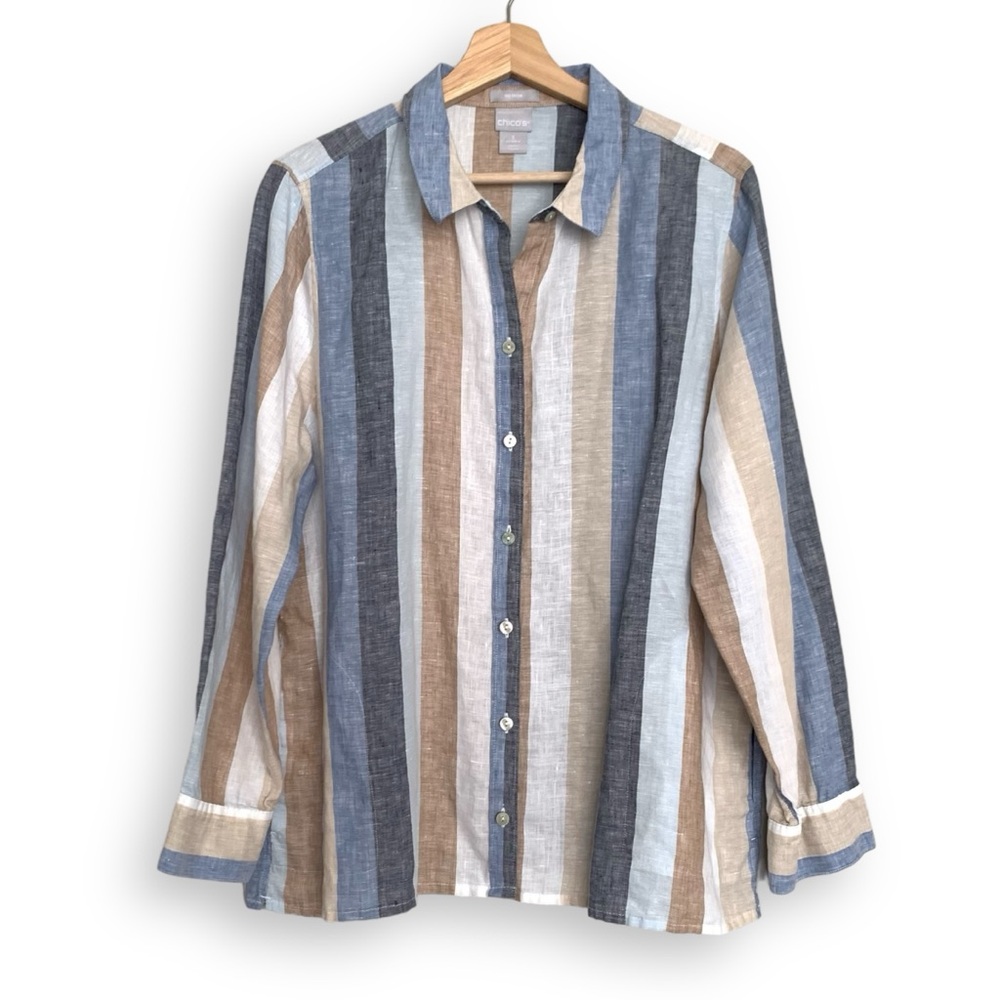 Chicos Linen Shirt Long Sleeve No-Iron Striped Tunic